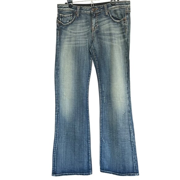 Re Rock for Express Bootcut Jeans Medium Wash Embroidered Back Pockets Size 12 L - Picture 1 of 16